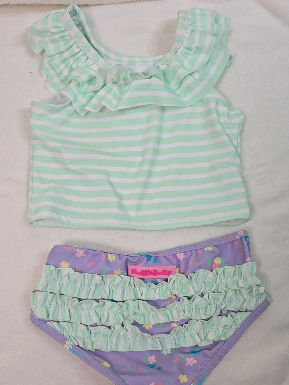 Ruffle Butts Ruffle Tankini Set - Mint Stripe & Lavender Floral Size 7 Nwt